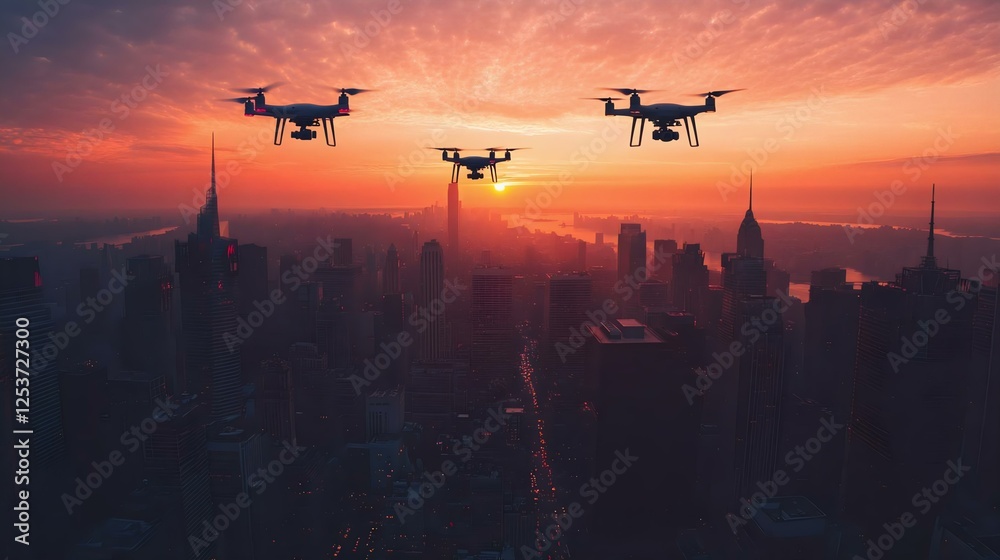 Drones flying over a vibrant city skyline at sunset, featuring skyscrapers and a colorful sky, perfect for technology and urban-themed visuals. Drones flying over a vibrant city skyline at sunset, featuring skyscrapers and a colorful sky, perfect for technology and urban-themed visuals.