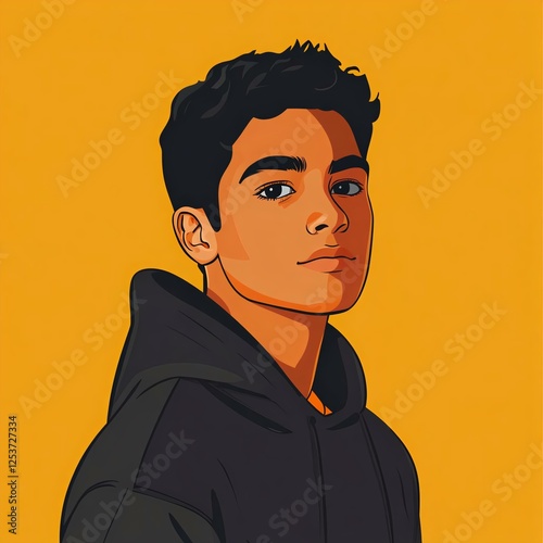 Stylish young man in a black hoodie against a bright orange background. A modern and vibrant illustration perfect for youth culture themes.