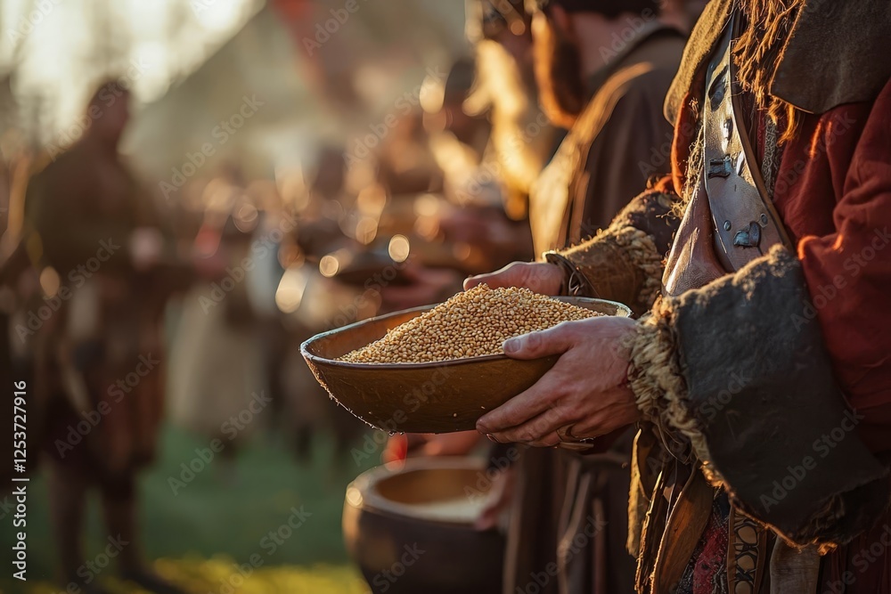 Feudal serfs offering grain to their lord during tribute.