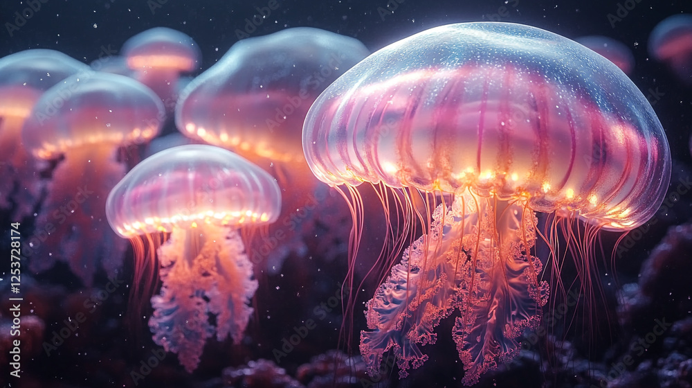 Colorful jellyfish gracefully floating in a mystical underwater environment at night Colorful jellyfish gracefully floating in a mystical underwater environment at night