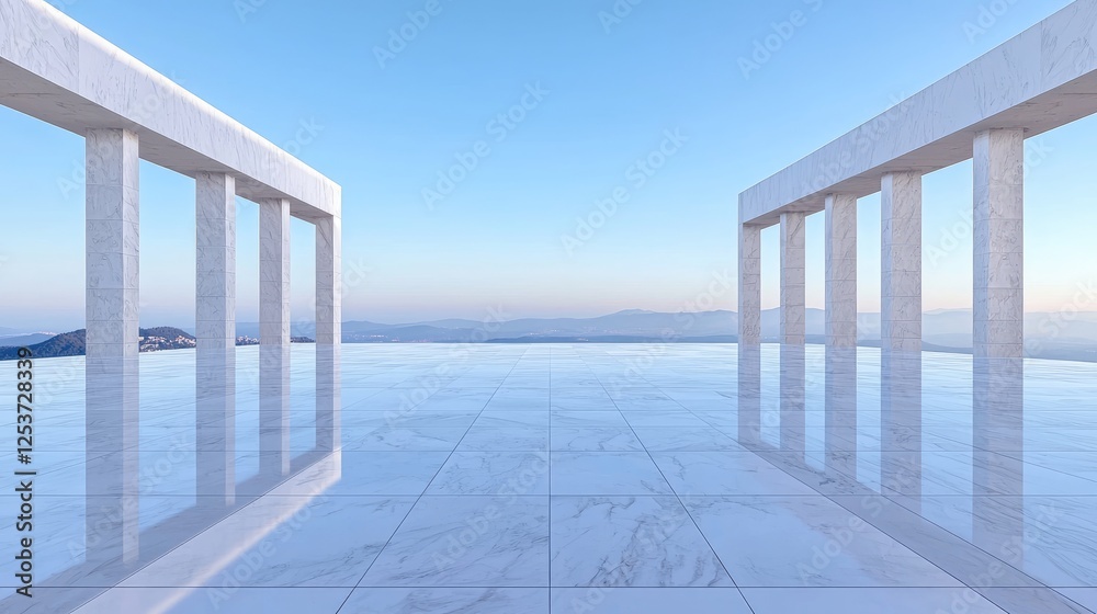 Fototapeta premium Mountaintop marble terrace, serene sunrise view, minimalist architecture, ideal for luxury real estate