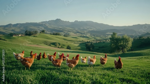 A flock of hens pecking at the ground in an open, green pasture