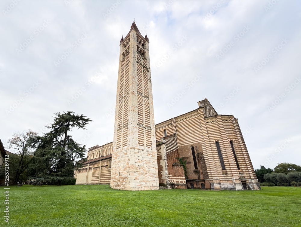 Rear view of Basilica di San Zeno Maggiore church with tower in Verona