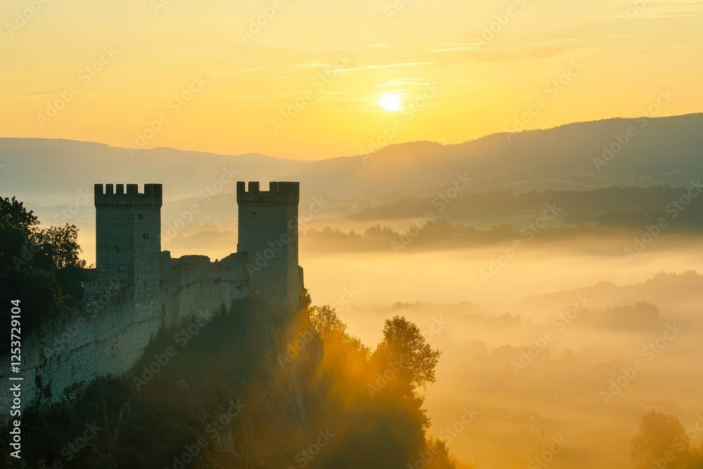 Fototapeta premium Fortress towers rising above mist-covered hills at dawn.