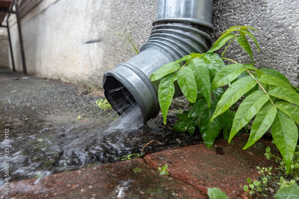 Aluminum gutter with huge amount of water in heavy rain, rainy weather
