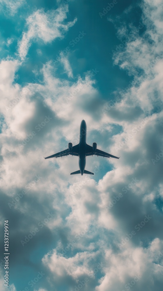 Airplane in the sky, bottom view, flying through clouds, dramatic aviation landscape, mystical atmosphere, light through clouds, airplane in clouds, aviation, sky journey, air travel. Airplane in the sky, bottom view, flying through clouds, dramatic aviation landscape, mystical atmosphere, light through clouds, airplane in clouds, aviation, sky journey, air travel.