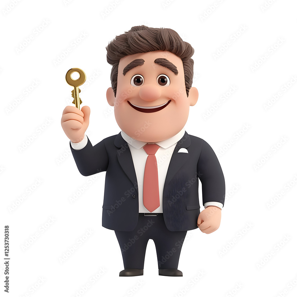 Cartoon Businessman Holding a Large Gold Key with a Smile Cartoon Businessman Holding a Large Gold Key with a Smile