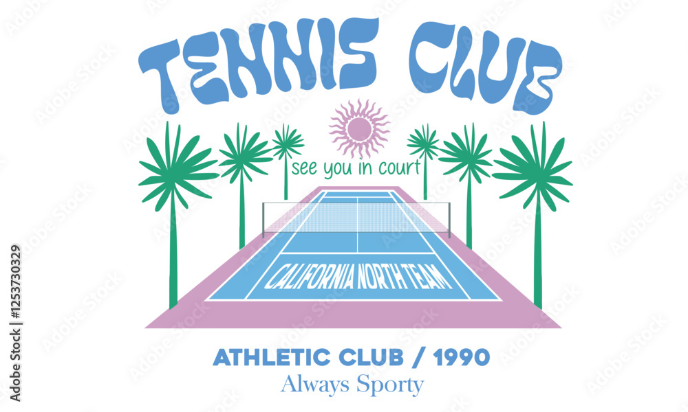 Fototapeta premium Tennis club artwork for t shirt, posters, stickers, background and others. Tennis champions team. Athletic club art. Palm tree vector design. Tennis court graphic design.