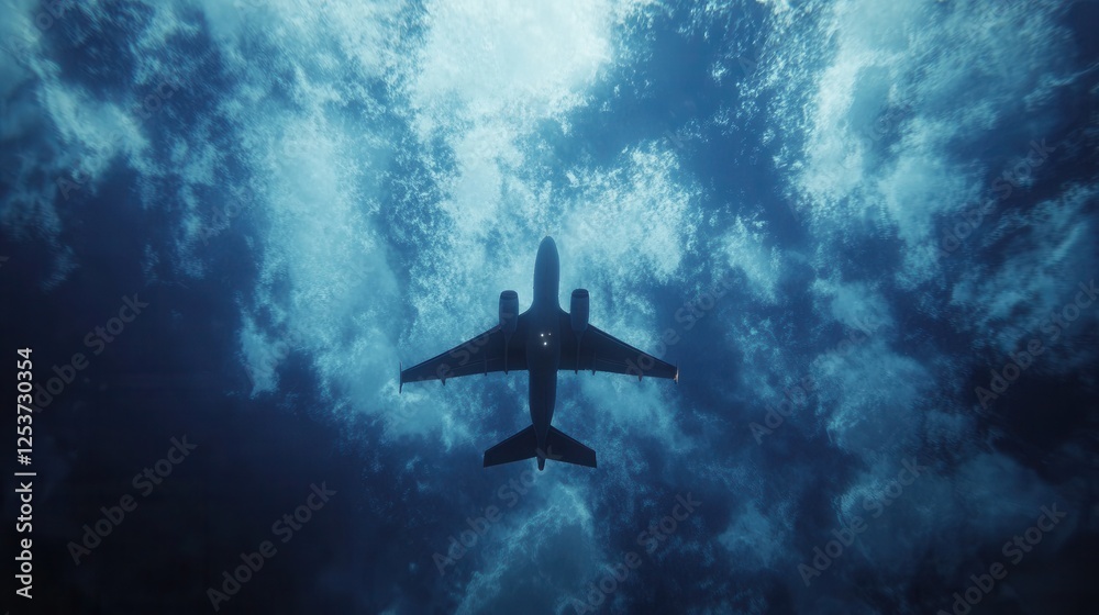 Naklejka premium Airplane in the sky, bottom view, flying through clouds, dramatic aviation landscape, mystical atmosphere, light through clouds, airplane in clouds, aviation, sky journey, air travel.