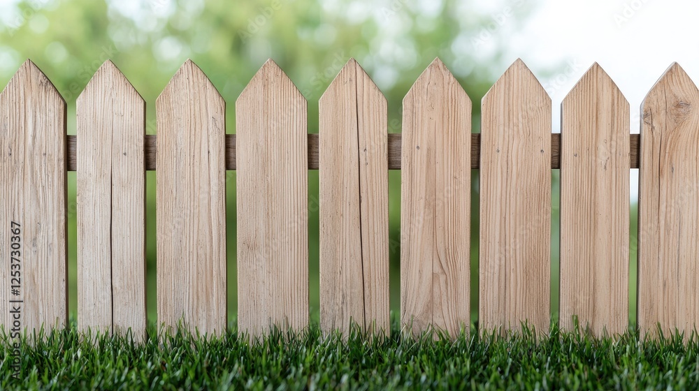 Fototapeta premium Wooden fence in a grassy yard with a blurred background. Possible use for home design or gardening