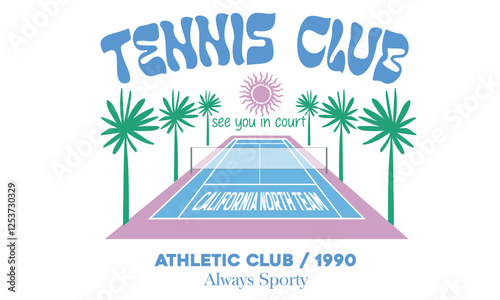 Tennis club artwork for t shirt, posters, stickers, background and others. Tennis champions team. Athletic club art. Palm tree vector design. Tennis court graphic design.