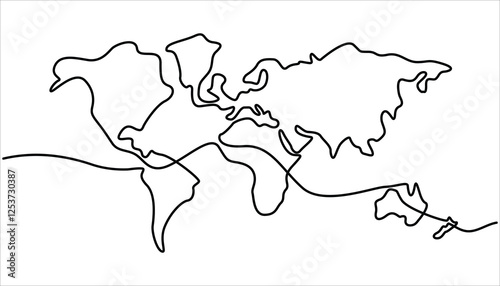 World map continuous one line drawing. World map continent line symbol. Continuous line design graphic illustration