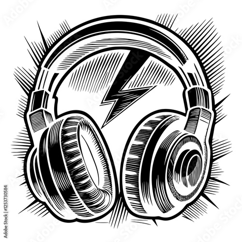 Powerful Energy Black and White Headphones Graphic Design Illustration