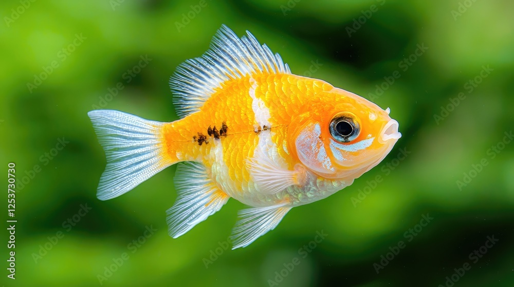 Orange goldfish swimming, green background, aquarium