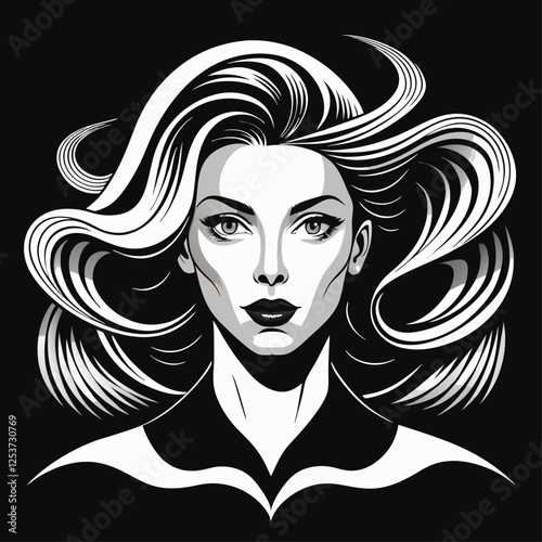 Stunning Black and White Illustration of a Woman with Flowing Hair