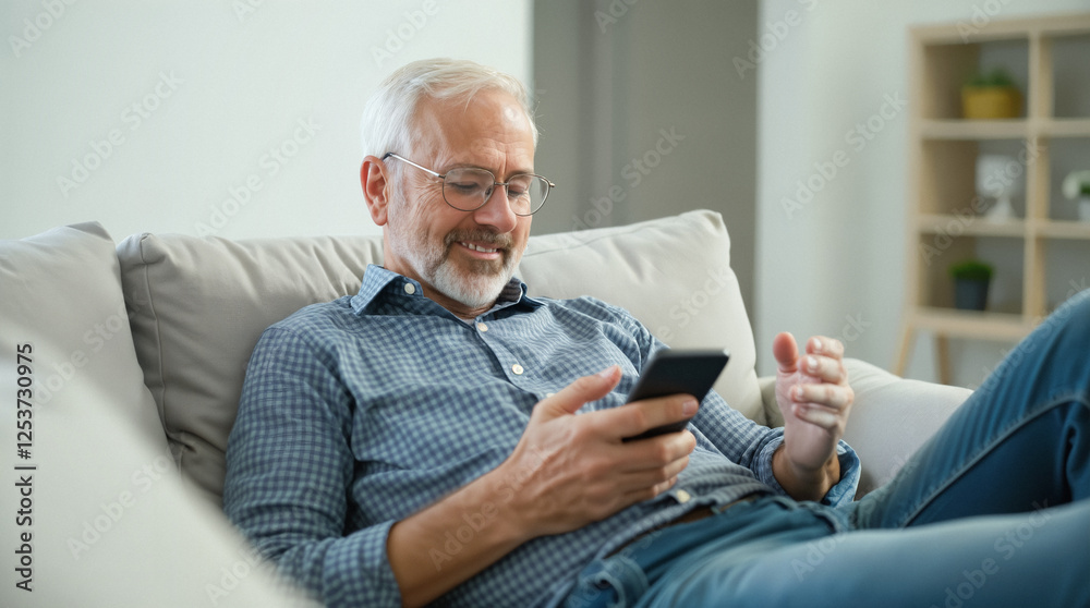 relaxed senior man using smartphone on a comfortable couch relaxed senior man using smartphone on a comfortable couch