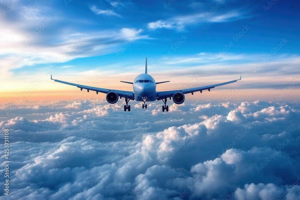 Obraz premium Passenger airplane flying above the clouds, front view, scenic sunset, blue sky, aviation, air transport, air travel, international flights, altitude perspective, flight in the sky.