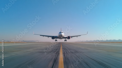Passenger airplane taking off from the runway, bottom view, turbofan engines, dynamic perspective, clear blue sky, aviation, air travel, takeoff moment, air transport, airport.