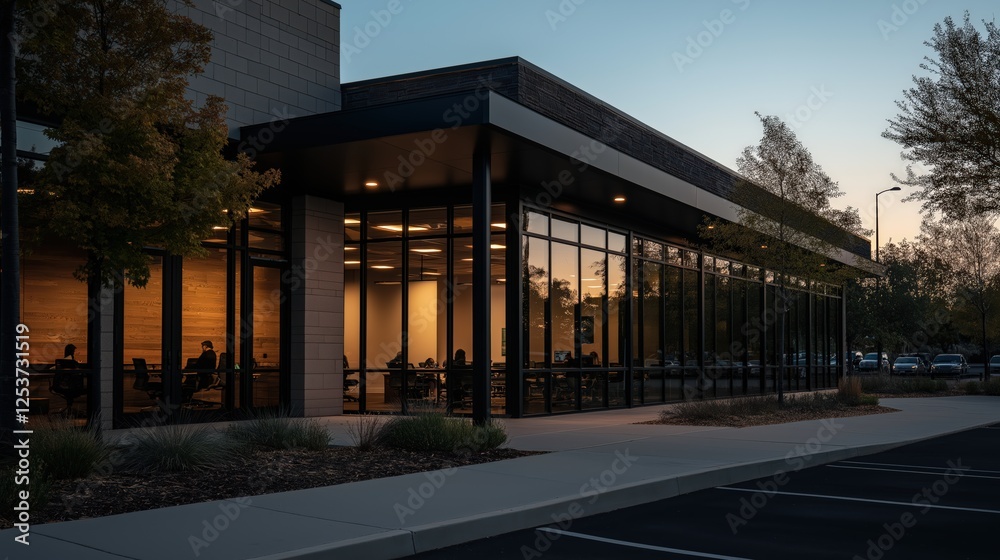 Modern Office Building Exterior View at Dusk with Warm Lighting and Minimal Black Accents in the Eve Modern Office Building Exterior View at Dusk with Warm Lighting and Minimal Black Accents in the Eve