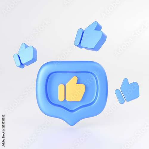 3D rendering of thumbs up icon floating on a white background. 