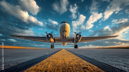 Propeller airplane taking off from the runway, bottom view, spinning propellers, cloudy sky, aviation, air transport, air travel, airfield, takeoff moment, retro aviation, classic aircraft.