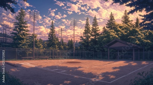 Baseball field at sunset, tranquil forest scene.  Possible stock photo use
