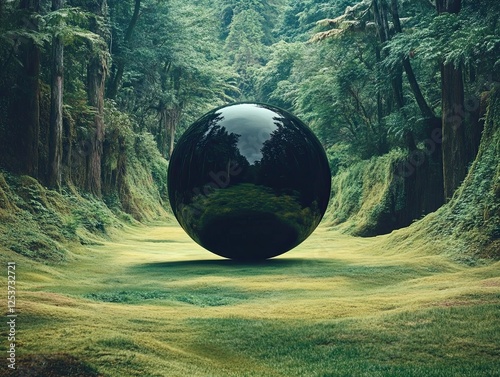 A mysterious black sphere floats in a lush green forest, blending the aesthetics of sci-fi minimalism with surreal nature. photo