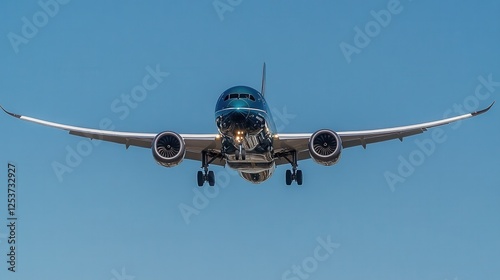 A front-facing view of a passenger airplane approaching for landing with extended landing gear and illuminated lights against a clear blue sky, symbolizing aviation, travel, and transportation.