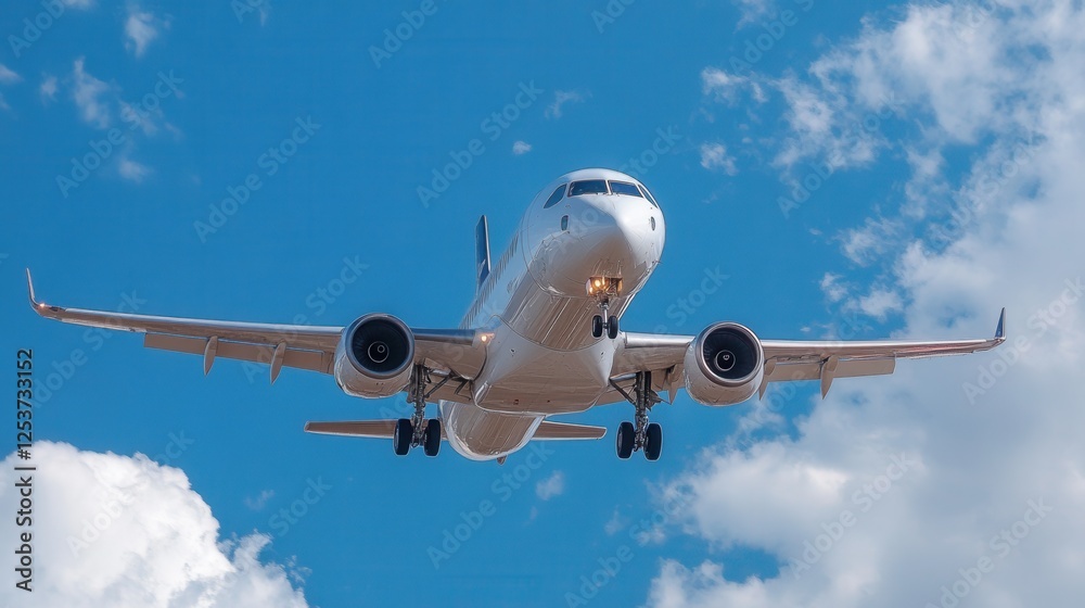 Obraz premium A front-facing view of a passenger airplane approaching for landing with extended landing gear and illuminated lights against a clear blue sky, symbolizing aviation, travel, and transportation.