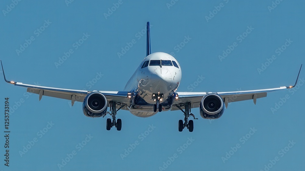 A front-facing view of a passenger airplane approaching for landing with extended landing gear and illuminated lights against a clear blue sky, symbolizing aviation, travel, and transportation. A front-facing view of a passenger airplane approaching for landing with extended landing gear and illuminated lights against a clear blue sky, symbolizing aviation, travel, and transportation.