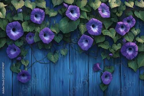 A deep purple morning glory with its trumpet-shaped petals and delicate tendrils, set against a backyard fence backdrop covered in climbing plants and blooming flowers.