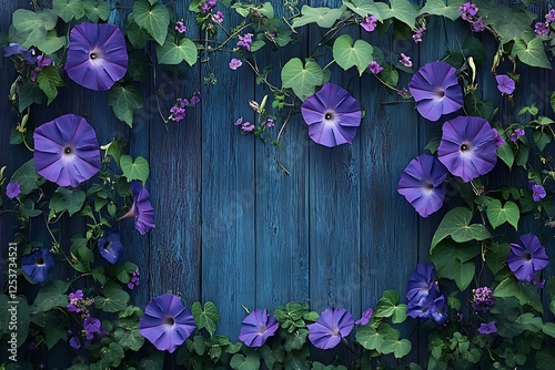 A deep purple morning glory with its trumpet-shaped petals and delicate tendrils, set against a backyard fence backdrop covered in climbing plants and blooming flowers.