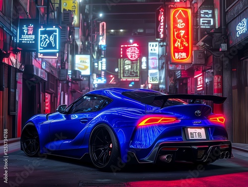 Blue Supra in Neon City Night Street Photography