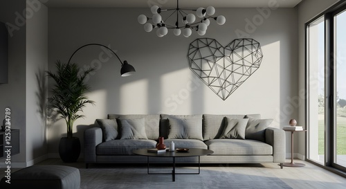 Modern living room with a large geometric heart wall art piece, midday natural light1 photo