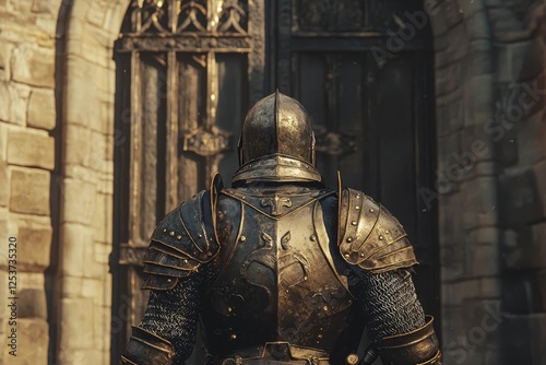 Noble knight in polished armor standing before castle gates.