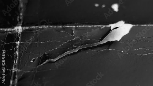 Torn piece of old black paper fluttering in the air. White underlayer. Subtle movement and grunge aged texture. Crumpled wrinkled peeling cardboard sheet. Macro shot photo