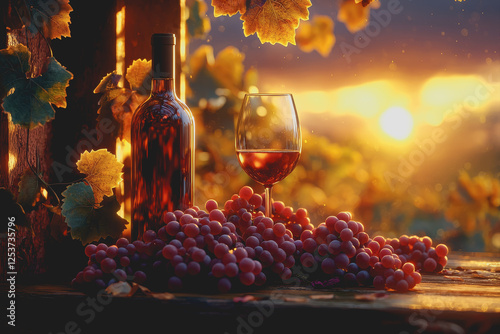 Bottle of red wine next to a bunch of fresh grapes on a wooden table in natural light photo