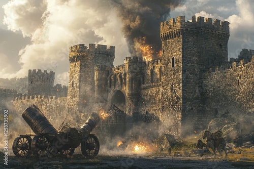 Siege tower approaching fortress during crusade battle. photo