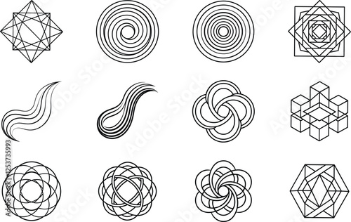 Geometric Shapes, Abstract Designs, Line Art, Vector Graphics, Minimalist Illustrations, Swirls, Spi