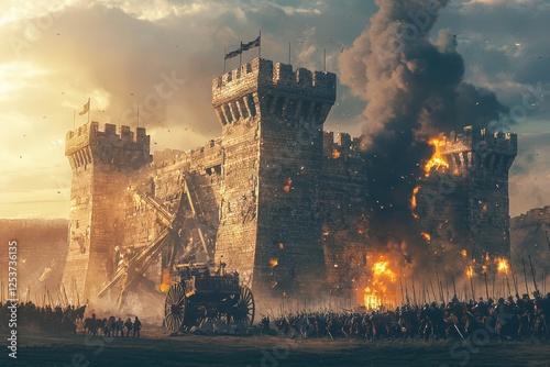 Siege tower approaching fortress during crusade battle. photo