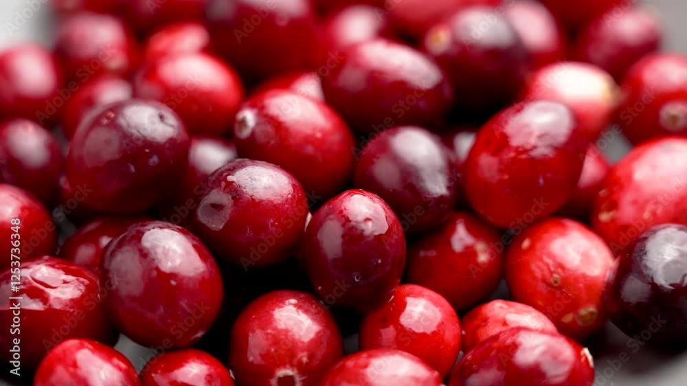 Fresh organic cranberries with glossy skin, rich in antioxidants. Nutritious red berries. Close-up view. Vaccinium macrocarpon. Macro shot. Rotation Fresh organic cranberries with glossy skin, rich in antioxidants. Nutritious red berries. Close-up view. Vaccinium macrocarpon. Macro shot. Rotation