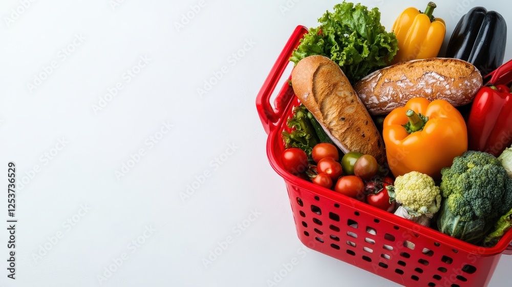 Red Basket Filled With Fresh Produce and Bread Red Basket Filled With Fresh Produce and Bread