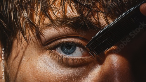 Close up of a male student having a haircut with hair clippers photo