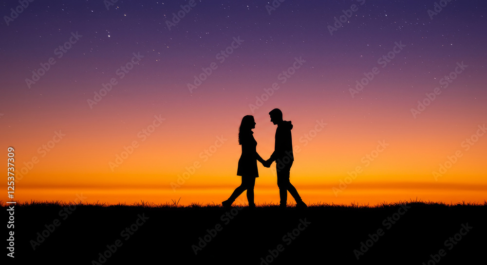 Couple Silhouette at Sunset - Silhouette of a couple holding hands at sunset, stars in the sky, romantic scene. Couple Silhouette at Sunset - Silhouette of a couple holding hands at sunset, stars in the sky, romantic scene.