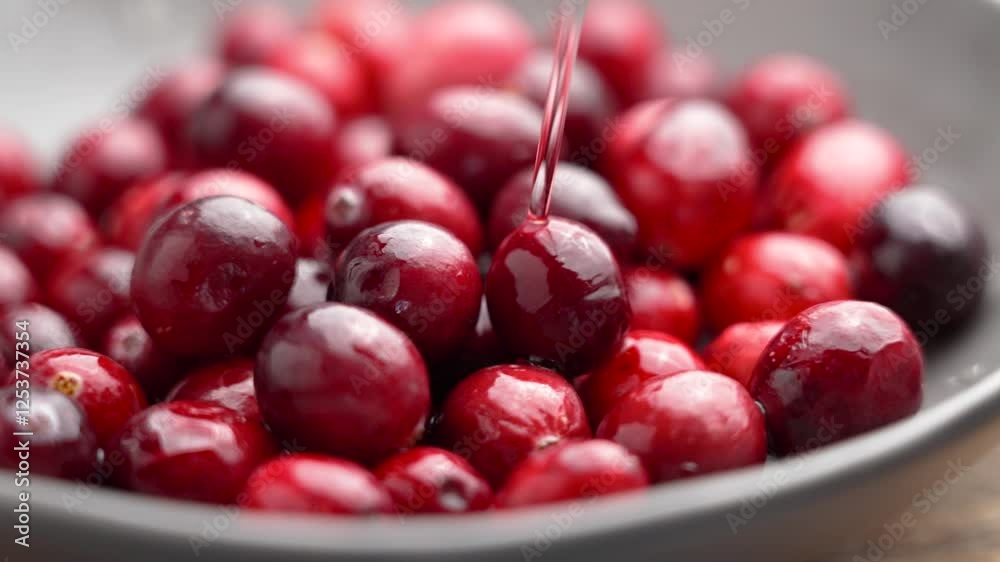 Stream of clear drinking water pouring over fresh cranberries (Vaccinium macrocarpon). Hydration and natural freshness concept. Cooking organic berry in kitchen bowl. Slow motion Stream of clear drinking water pouring over fresh cranberries (Vaccinium macrocarpon). Hydration and natural freshness concept. Cooking organic berry in kitchen bowl. Slow motion