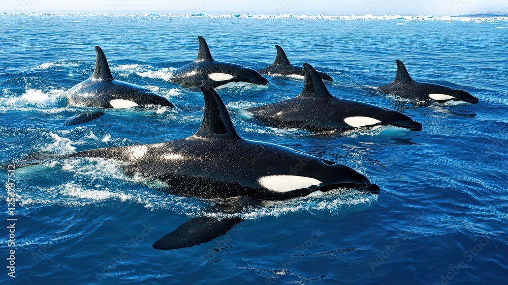Fototapeta premium A killer whale pod swimming near the Antarctic Peninsula, their dorsal fins breaking the surface