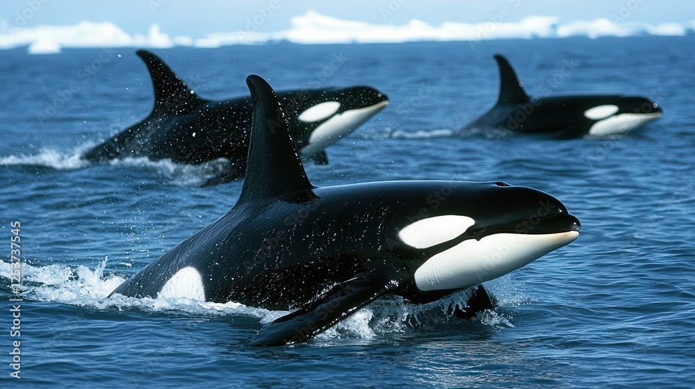 Fototapeta premium A killer whale pod swimming near the Antarctic Peninsula, their dorsal fins breaking the surface