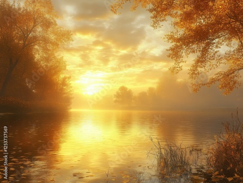 Serene Golden Sunrise Over Tranquil Lake with Autumn Foliage Reflected in Calm Waters