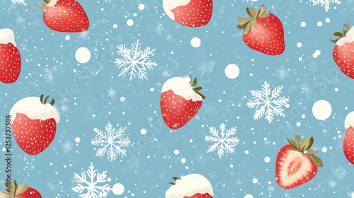 A whimsical pattern featuring strawberries and snowflakes on a blue background.