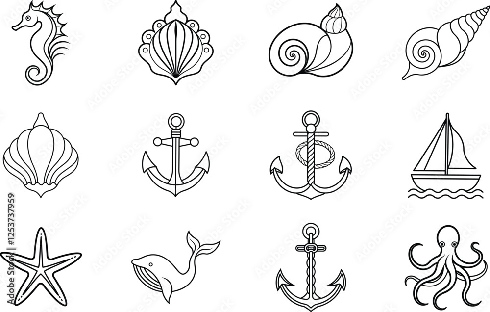 Fototapeta premium Nautical Ocean Life Icons Seashells, Anchors, and Sea Creatures